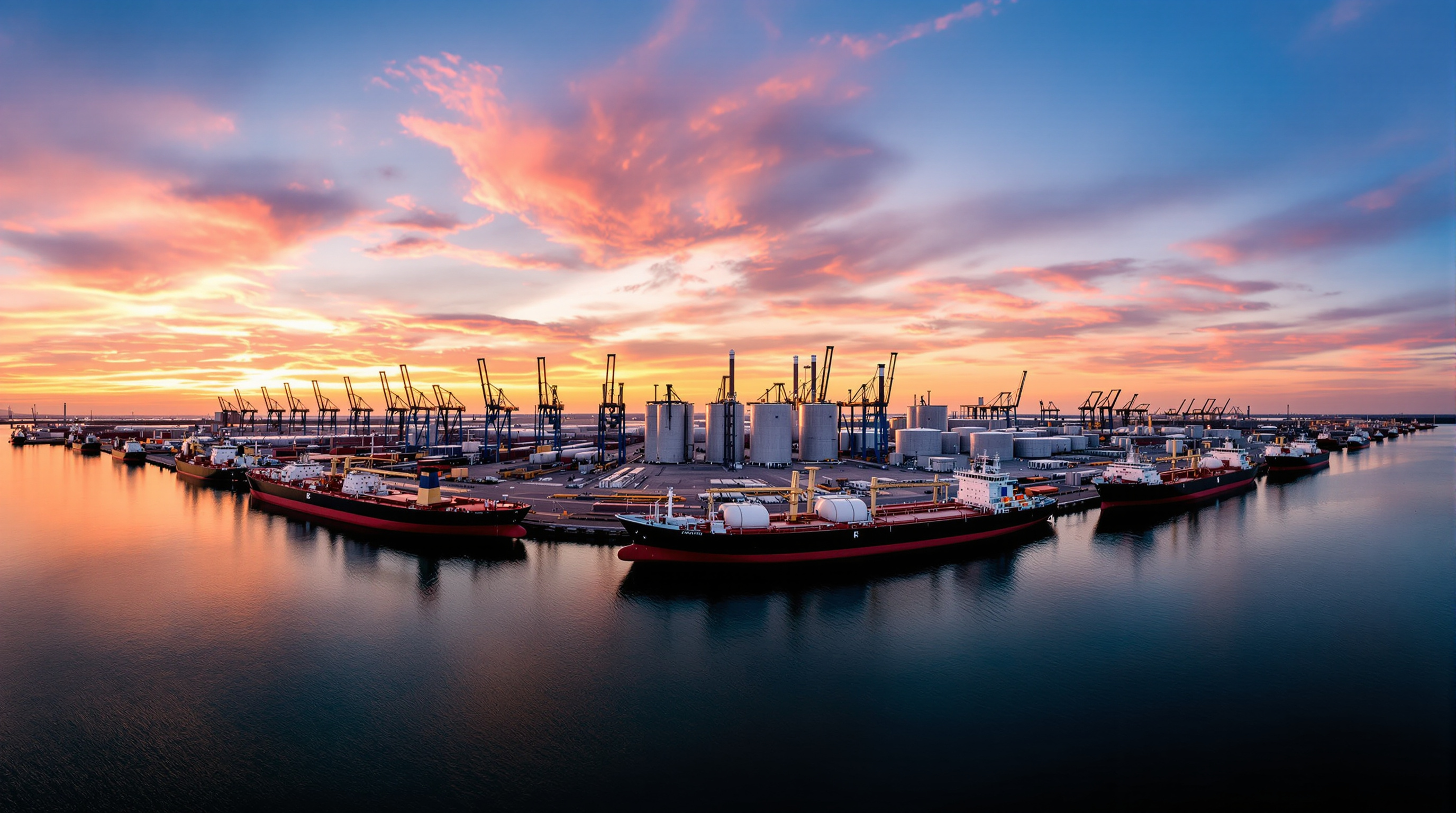 Large commercial seaport with tanker vessels at berth
