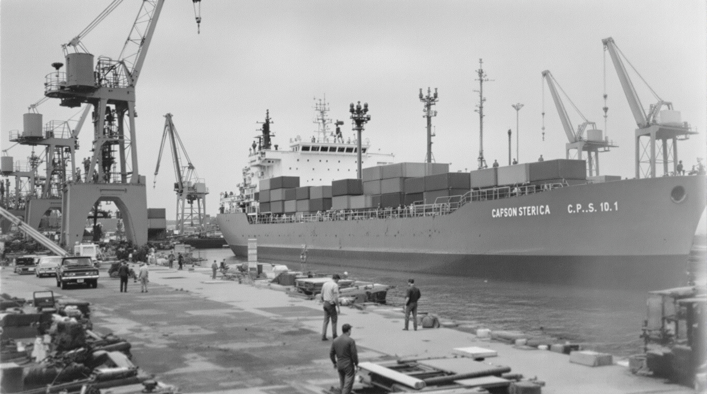 Historical chemical tanker vessel in port, 1970s maritime industry